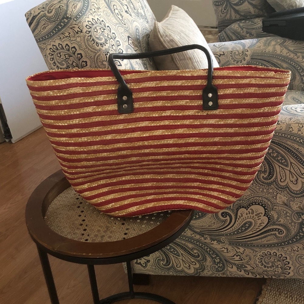 Red and Natural Striped Woven Tote with Black Handles